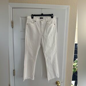EXPRESS HIGH WAISTED WHITE CROPPED FLARE JEANS, SIZE 12R, WHITE
